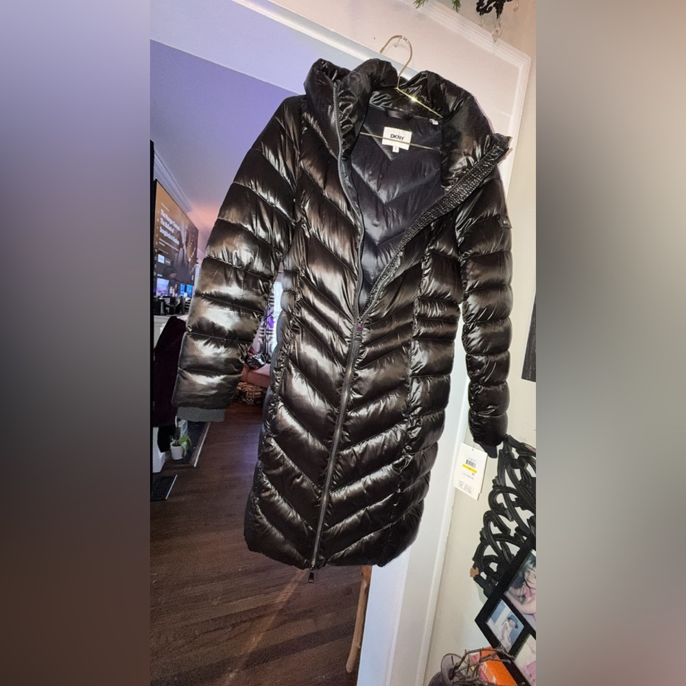 DKNYC Glossy Black Puffer trench Coat 
New with tags